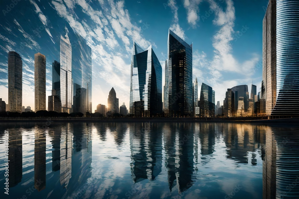 Wavy reflections of skyscrapers in a calm river