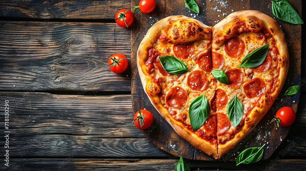 Heart shaped pizza on vintage wooden background. The concept of romantic love for Valentine's Day