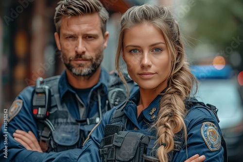 A man and woman in uniform stand confidently on the street, their faces framed by matching blue jackets and a sense of purpose captured by the camera