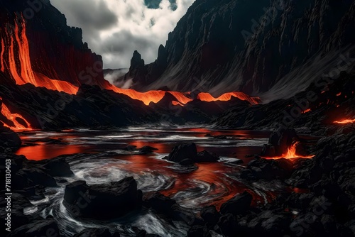 A volcanic landscape with molten lava flowing in wavy streams