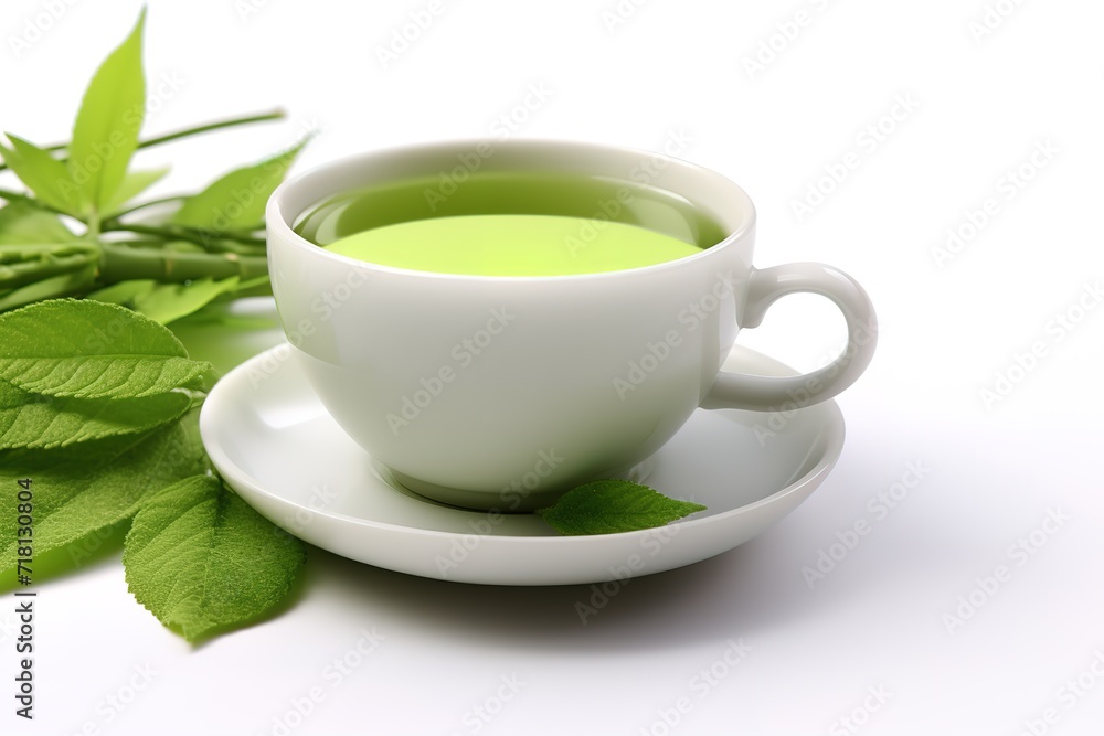 A cup of green tea in the photo on a white background. generative AI A cup of green tea in the photo on a white background. generative AI