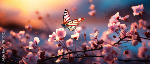 Beautiful butterfly in field flower with sunset