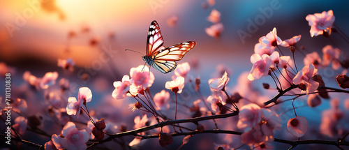 Beautiful butterfly in field flower with sunset © Inlovehem