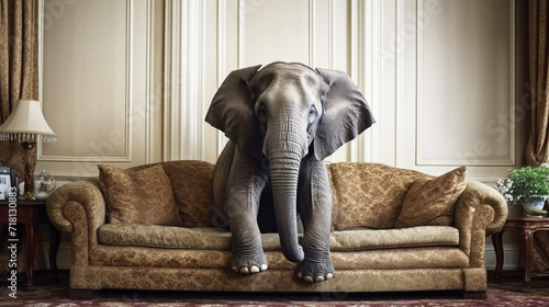 Elephant sits on the sofa in the living room