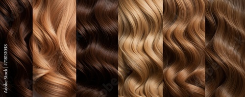 Rows of various types of wavy hair that are beautiful and shiny. generative AI