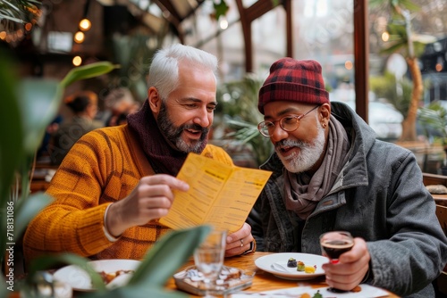Two men sitting at an outdoor cafe, one perusing a menu while the other sips coffee, their faces full of anticipation for the delicious food and stylish clothing laid out on the table before them