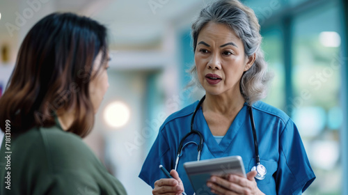 Nurse in blue scrubs is discussing medical information with an elderly female patient using a tablet in a hospital corridor.