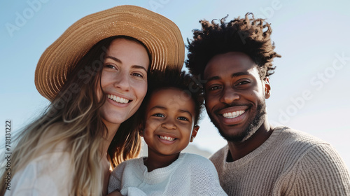 Happy family consisting of a mother, father, and child smiling at the camera, with the mother wearing a straw hat and the clear blue sky in the background.