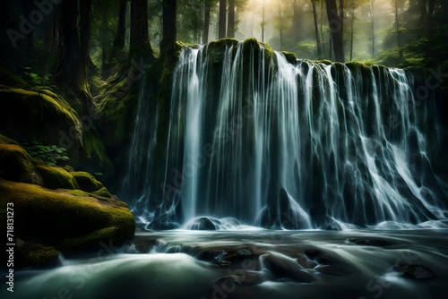 A cascading waterfall with wavy  crystalline patterns in a serene forest