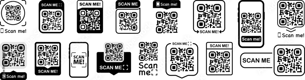 Scan qr code. Scan QR code flat icon with phone. Qr Code template for mobile app, payment and discounts. Barcode. Mobile payment and quick response codes. Scan me with smartphone. Vector illustration Scan qr code. Scan QR code flat icon with phone. Qr Code template for mobile app, payment and discounts. Barcode. Mobile payment and quick response codes. Scan me with smartphone. Vector illustration