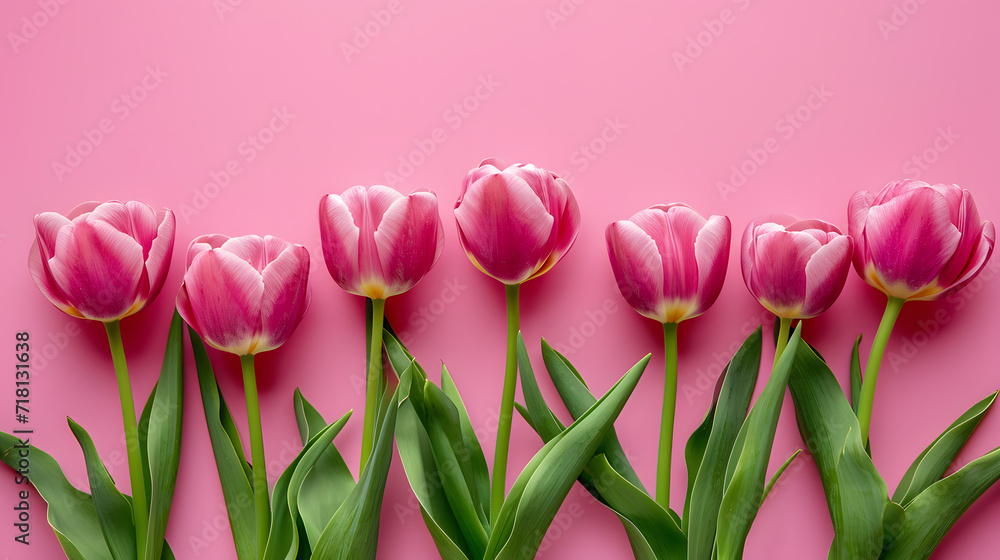 Pink tulips bouquet on pink background with copy space for text Pink tulips bouquet on pink background with copy space for text