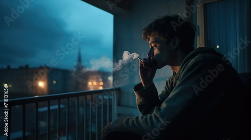 Depressed young adult man smoking cigarette at balcony. Upset alone guy have nicotine addiction. Unhealthy habit problem. Lonely sad smoker person. Despair life concept. Dark evening city landscype.