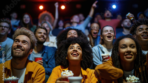 Excited audience in a cinema, with people smiling and looking up, some pointing, while holding popcorn and engaging in a shared entertaining experience.