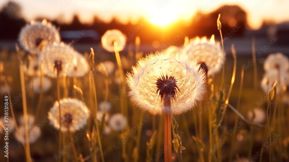 Beautiful dandelion flower with sunset background