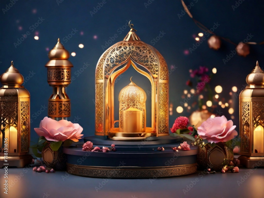 Fototapeta premium 3d Crecent moon and lantern for Ramadan and Eid background design template with mosque for Muslim festival 