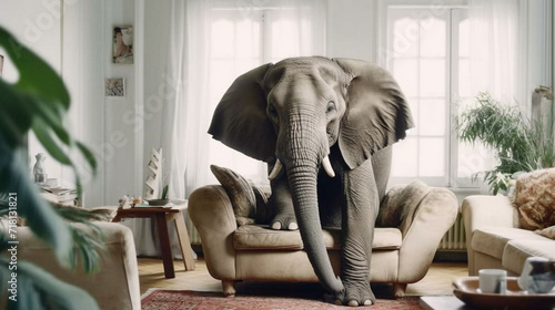 Elephant sits on the sofa in the living room