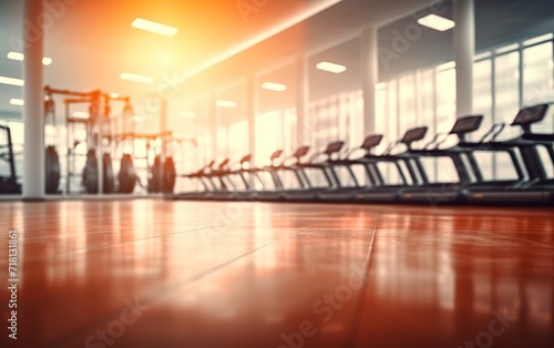 A fitness room with light effects shining brightly from outside