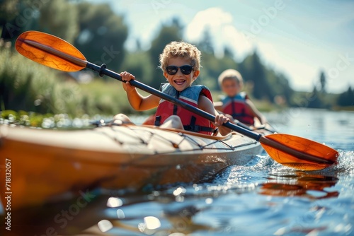 Amidst the vast blue sky and tranquil waters, a young boy joyfully navigates his kayak, embraced by the freedom of outdoor recreation and the safety of his life jacket