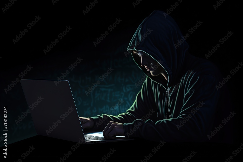 A hacker wearing a hoodie is hacking data using a laptop. generative AI A hacker wearing a hoodie is hacking data using a laptop. generative AI
