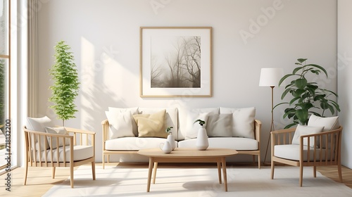 a Scandinavian-style poster frame in a bright and airy living room with light wood furniture  and add a 3D render