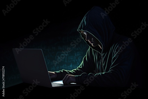 A hacker wearing a hoodie is hacking data using a laptop. generative AI