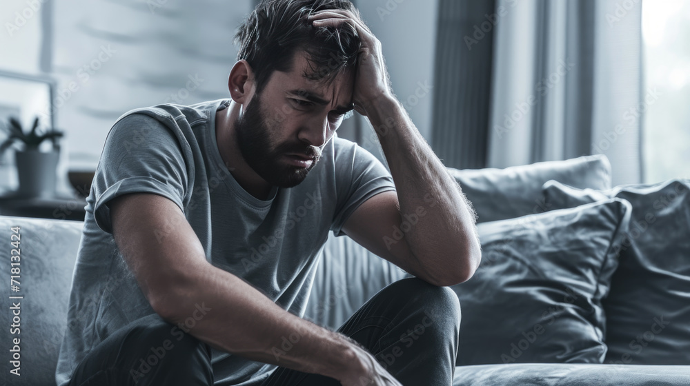 Distressed man sitting on a couch, holding his head in his hand, looking upset or worried. Distressed man sitting on a couch, holding his head in his hand, looking upset or worried.