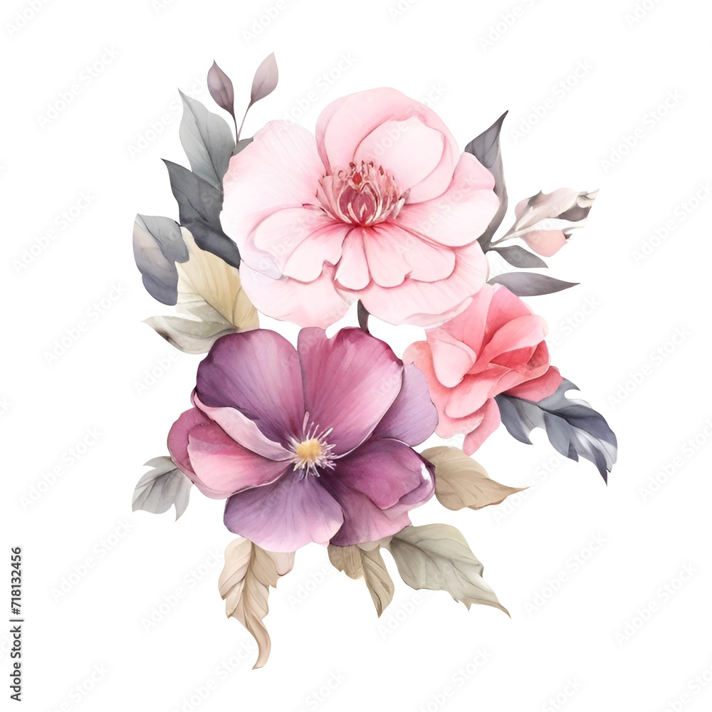 Watercolor flower and leaf bouquet clipart. Decoration for posters, greeting cards, birthdays, and wedding designs. Isolated on a transparent background. Generative AI.