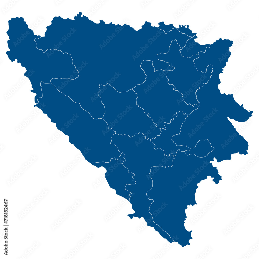 Bosnia and Herzegovina map. Map of Bosnia and Herzegovina in administrative provinces in blue color