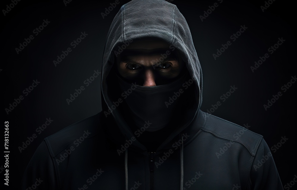 A person wearing a black hoodie on a black wall background. generative AI A person wearing a black hoodie on a black wall background. generative AI