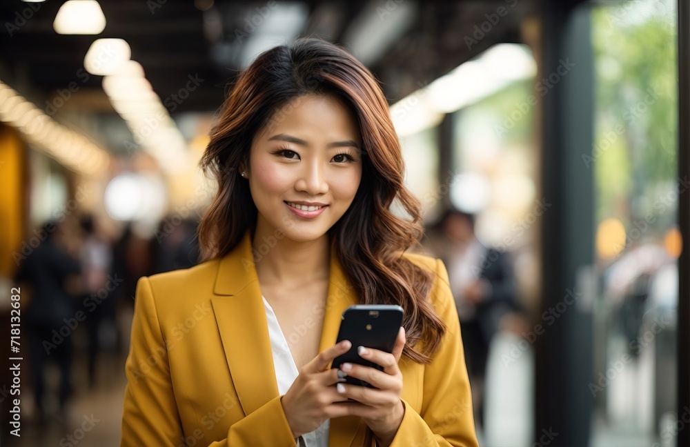 Happy professional business blonde woman using smartphone