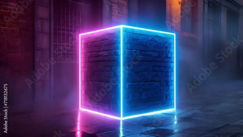 Futuristic, purple cube frame, geometric portal on a dark background. Neon square with magic glow 3D, mockup for design photo