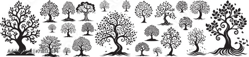 Trees and leaves, vector graphics black and white decoration for laser cutting and engraving