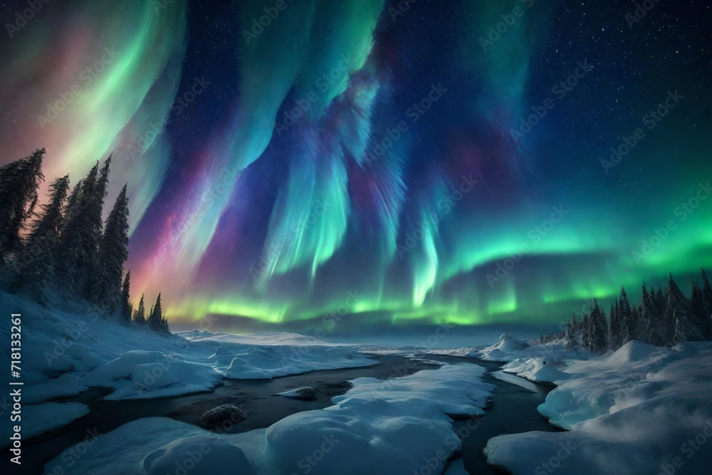 Wavy ethereal aurora borealis in a starry sky