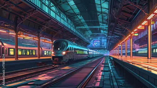 Futuristic Multiverse Train Station with Modern Trains Departing to Various Universes, Illuminated Tracks and Platforms Illustration © Arslan