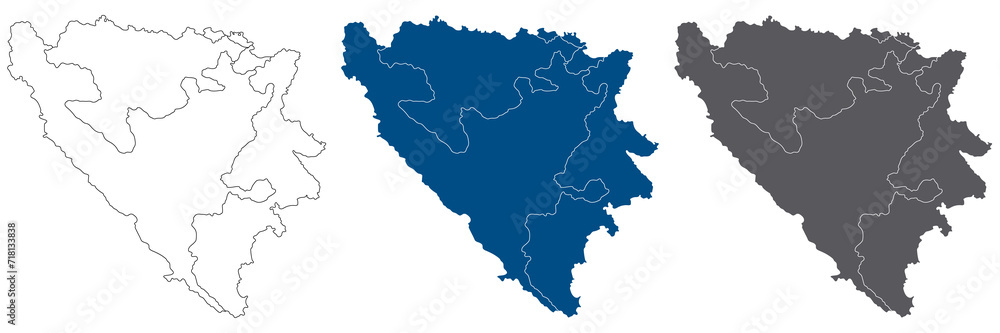 Bosnia and Herzegovina map. Map of Bosnia and Herzegovina in three mains regions in set