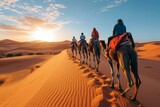 As the fiery sun set over the vast sahara desert, a group of people rode their camels through the windswept dunes, their voices echoing against the aeolian landforms and singing sands