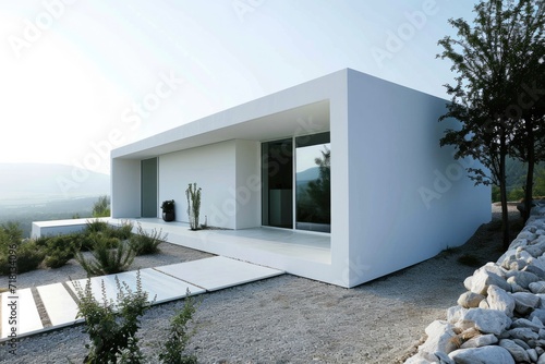 Contemporary Luxury Home Exterior Design with White Walls and Garden Landscape