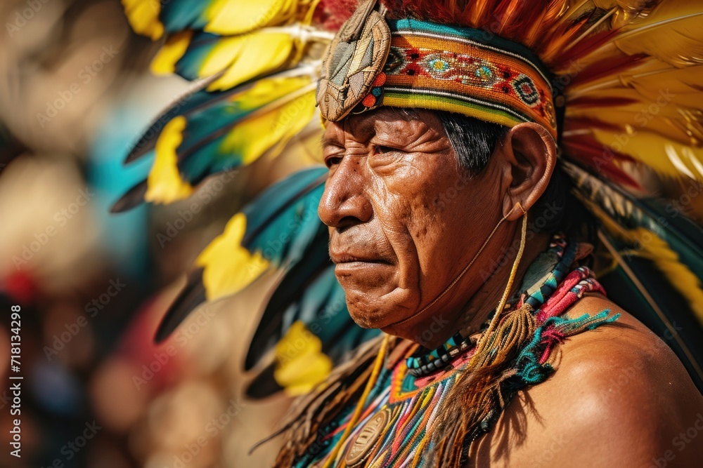 Brazilian Amazon Indigenous Portrait: Colorful Feather Headdress in Rainforest Village