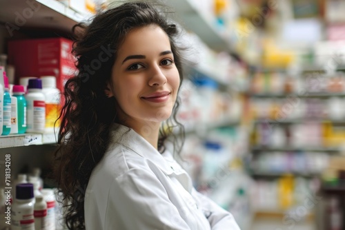 Happy Female Chemist Working at Pharmacy Drugstore