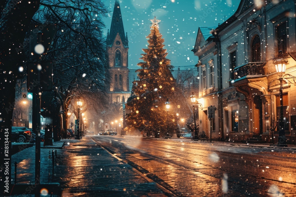 Obraz na płótnie Winter Wonderland: Beautiful Christmas Tree in a European City Square w salonie
