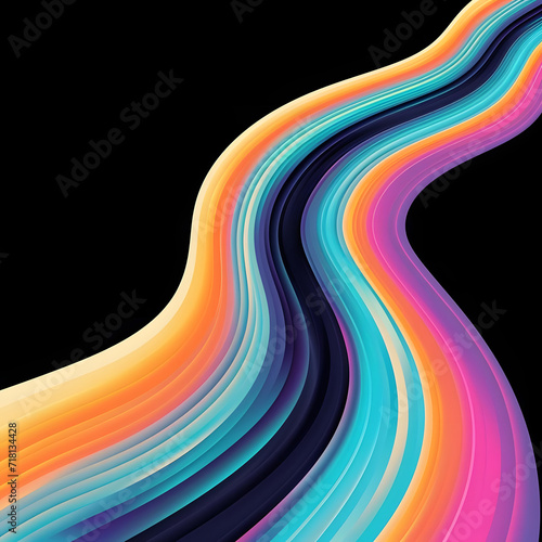 Vibrant and psychedelic rainbow color flow wave on a black background, evoking the retro vibes of the 1970s, 1980s, and 90s. Ideal for music cover design or dance party poster.