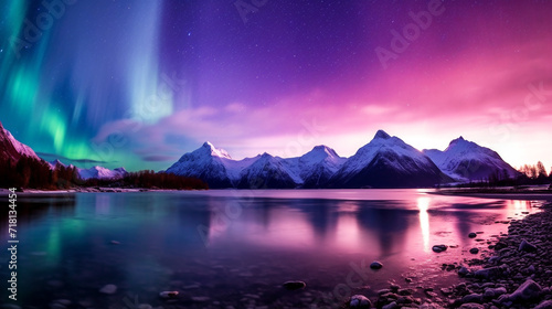 Aurora light reflects off the surface of the lake at night