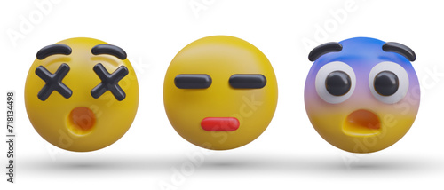 Collection with different yellow emoji. Face with crossed eyes, ignoring emotion and reaction of fear. Emoticons of shock. Vector illustration in 3d style with shadow