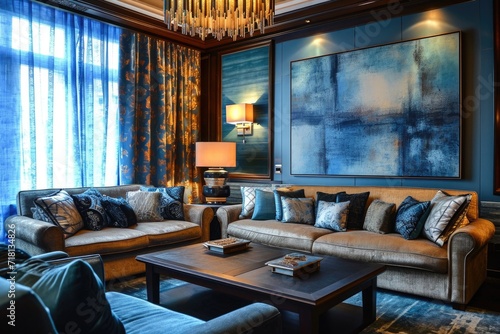 Harmonious Blue and Brown Living Room Interior Design with Cozy Ambience and Elegant Decor