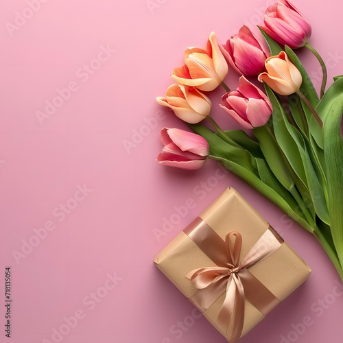 A top view photo of a gift box with a ribbon and a bouquet of tulips on a pink background  representing an endearing  romantic concept ideal for Mother s Day or Valentine s Day.