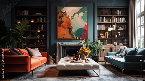 Eclectic lounge with a mix of textures and a framed art piece