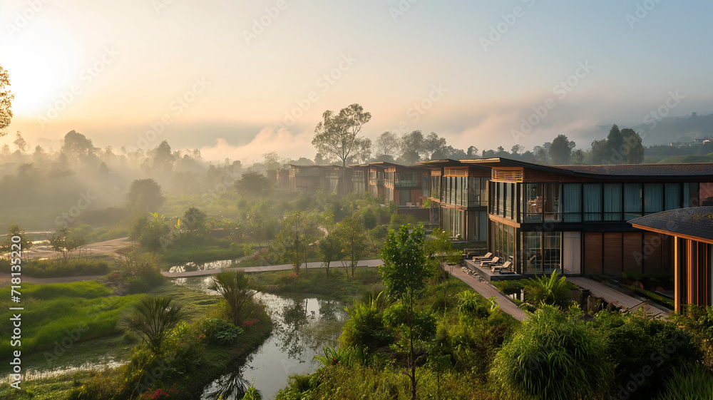 Luxurious hotel harmonizing with the surrounding natural landscape. Water gently flows through the landscape, reflecting the hotel’s commitment to integrating water-savin