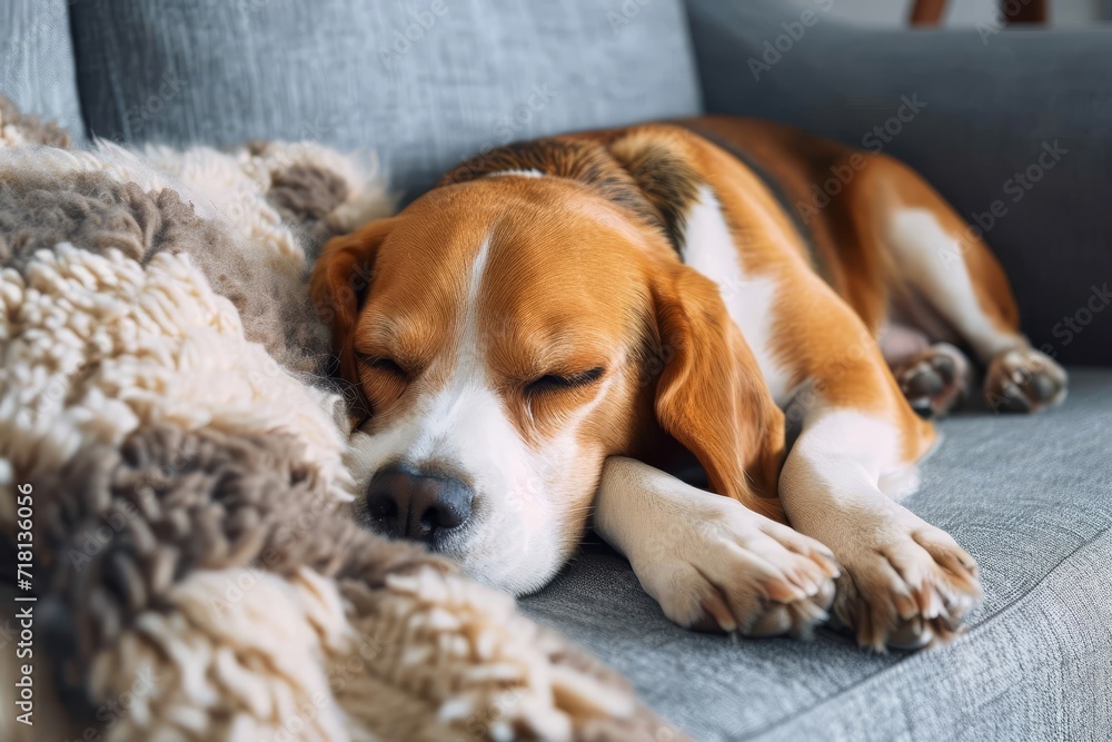 A content beagle puppy peacefully slumbers on a cozy indoor sofa, embodying the unconditional love and loyalty of man's best friend