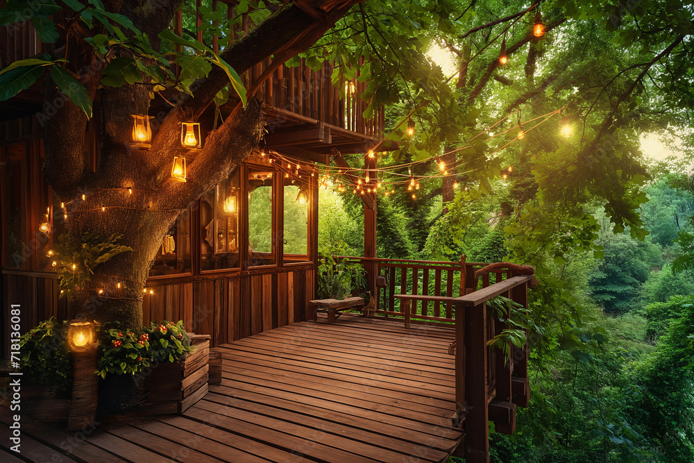Treehouse deck adorned with warm, twinkling lights. The inviting glow harmonizes with the natural surroundings, offering a cozy retreat amongst the trees.