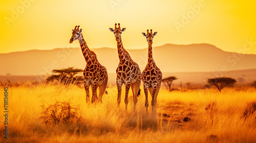 Giraffes in the dry grassland with the sunset